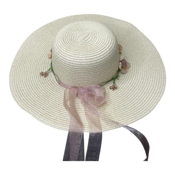 Elegant Flower Straw Hat w/Ribbons - Picture 3 of 7